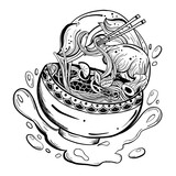 Hand drawn bowl asian noodle soup(udon, miso, pho, ramen). Tattoo art style.