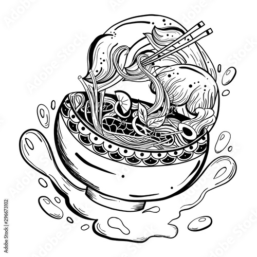 Hand drawn bowl asian noodle soup(udon, miso, pho, ramen). Tattoo art style.