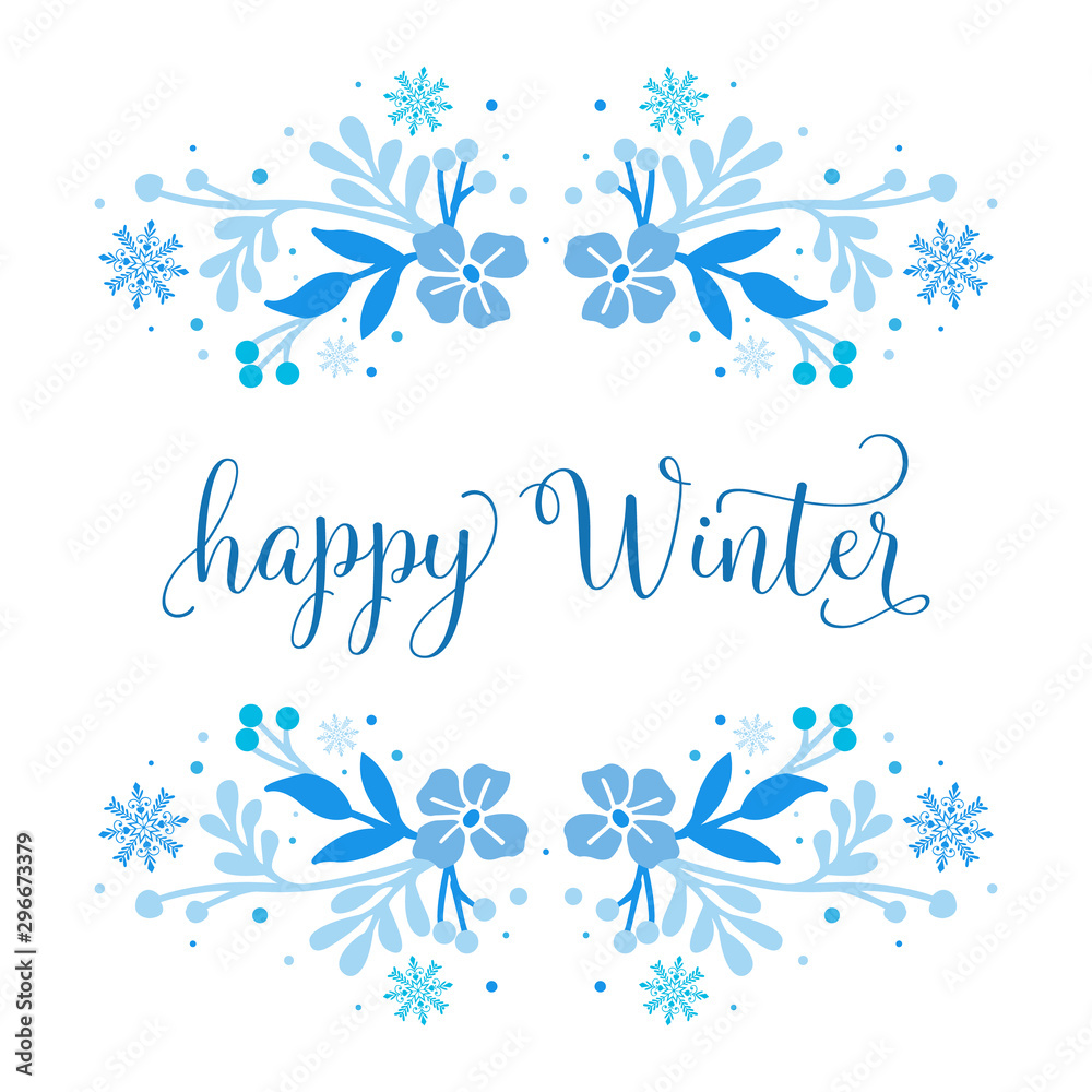 Card happy winter, with abstract beautiful blue leaf floral frame. Vector