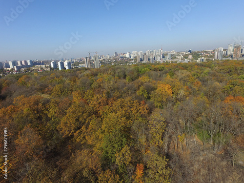 Golden autumn Kiev cityscape  aerial drone view of city skyline and forest with yellow trees and beautiful landscape from above