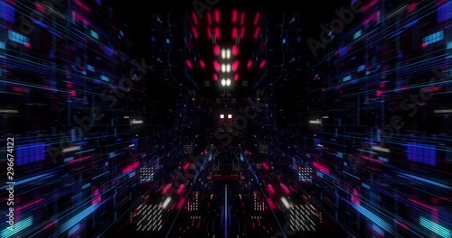 Wallpaper Mural Abstract technology big data cloud computing background with bright neon lines and dots. Flying in Digital Cyber City Particles HUD. floating circuits. Seamless loop, 3D render Torontodigital.ca