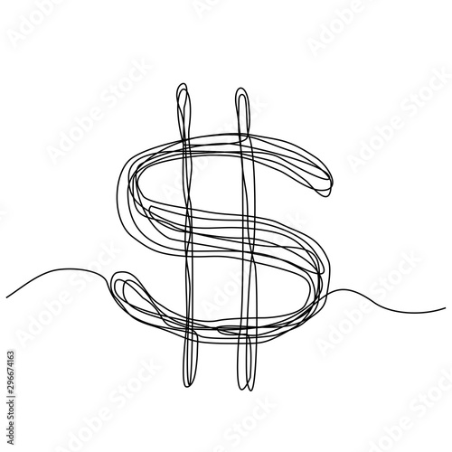 Continuous one line drawing of dollar scribble hand drawn sketch line art. Editable stroke design.
