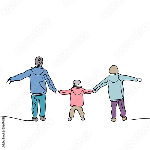 Continuous one line drawing of three kids playing and holding hands. Togetherness children hand drawn sketch with colors vector illustration minimalism.