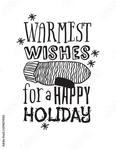 Hand drawn Christmas things on white background. Creative ink art work. Actual vector doodle drawing and Holidays text WARMEST WISHES FOR A HAPPY HOLIDAY