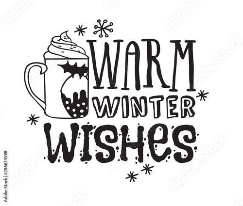 Hand drawn Christmas things on white background. Creative ink art work. Actual vector doodle drawing and Holidays text WARM WINTER WISHES