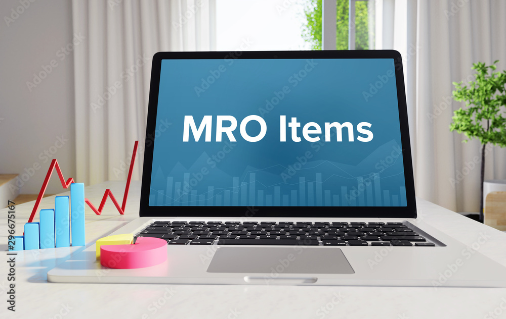MRO Items – Statistics/Business. Laptop in the office with term on the display. Finance/Economics. - obrazy, fototapety, plakaty 