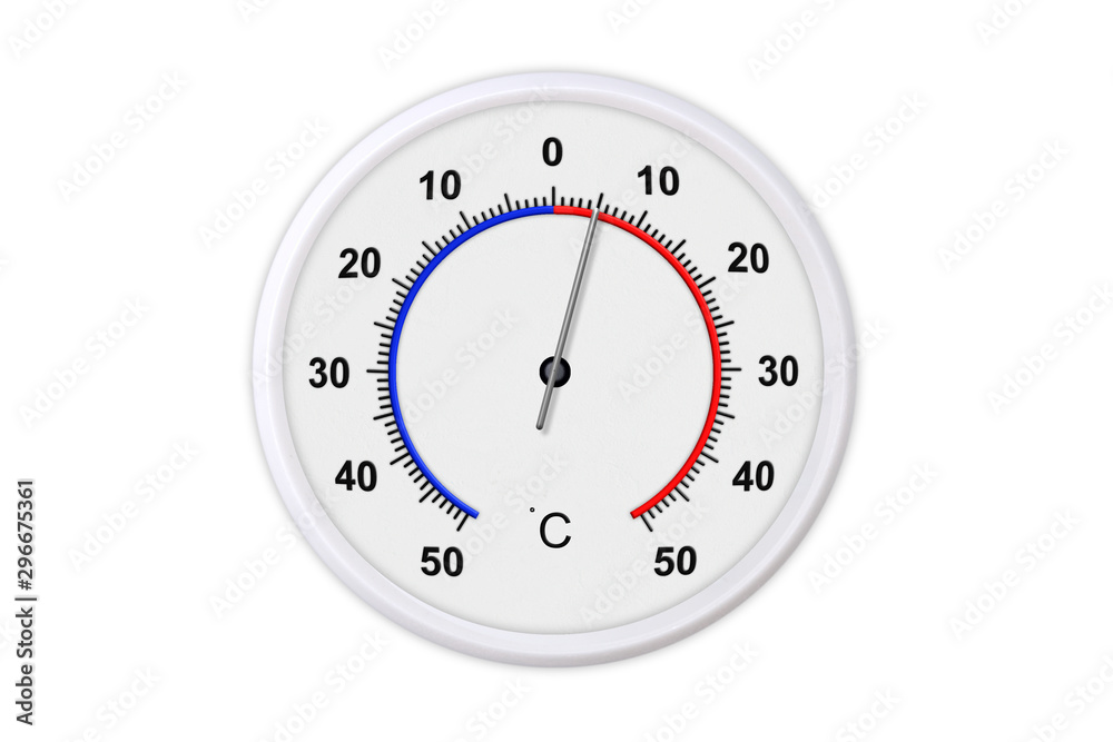 Celsius scale thermometer for measuring weather temperature. Thermometer isolated on white background. Ambient temperature plus 5 degrees Celsius scale thermometer for measuring weather temperature. Thermometer isolated on white background. Ambient temperature plus 5 degrees