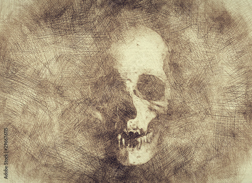 Fényképezés Halloween skull drawing in pencil doodles style - Gold wallpaper