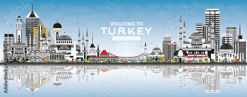 Welcome to Turkey Skyline with Gray Buildings, Blue Sky and Reflections.