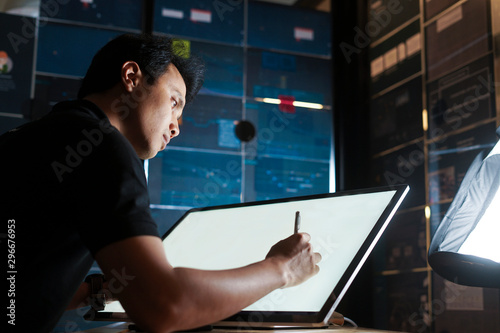 close up man working on multi touchscreen 