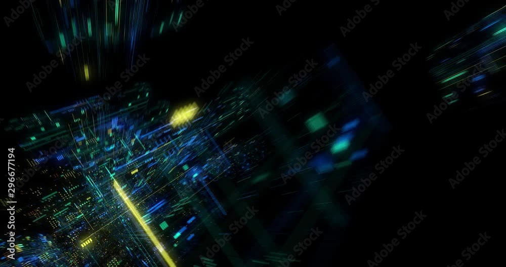 Seamless Loop Abtract Internet of Things motion background. Flying through virtual cyberspace with neon lines and dots elements. Communication network. 3D render