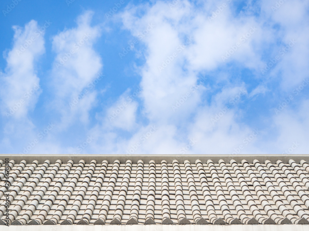 Tiles roof in Thai temple with blue sky Tiles roof in Thai temple with blue sky