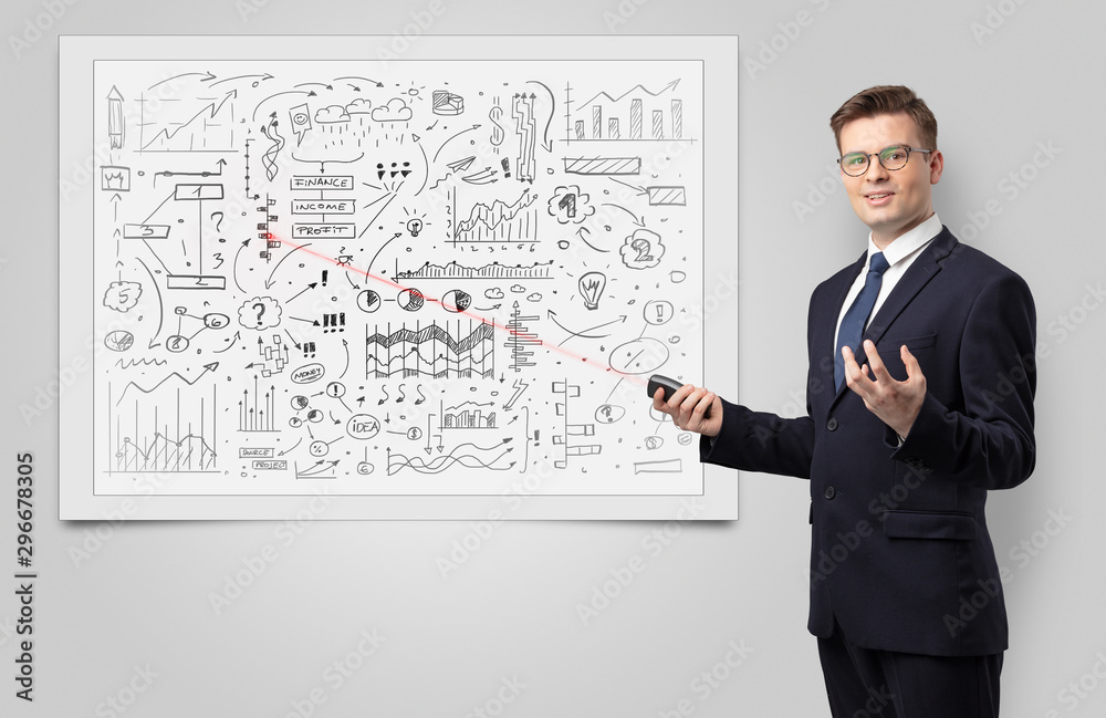 Professor with laser pointer teaching business theories Professor with laser pointer teaching business theories