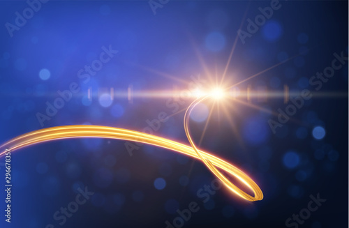 Golden ribbon with light trail effect and energy lines vector background.