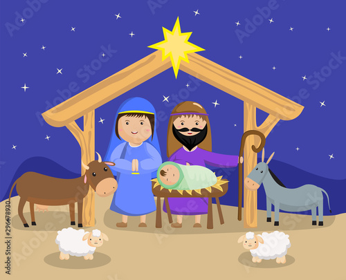 Three wise men bring presents to Jesus in Christmas Nativity Scene
