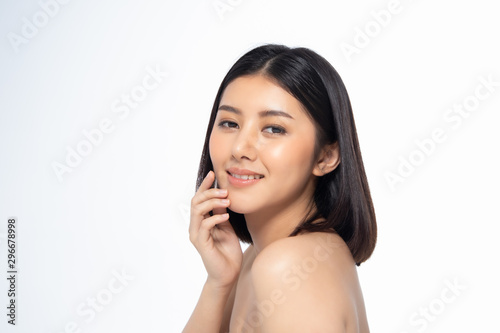 Beautiful Young Asian Woman short hair with Clean Fresh Skin. Face care, Facial treatment, Cosmetology, beauty and healthy skin and cosmetic ideas concept.
