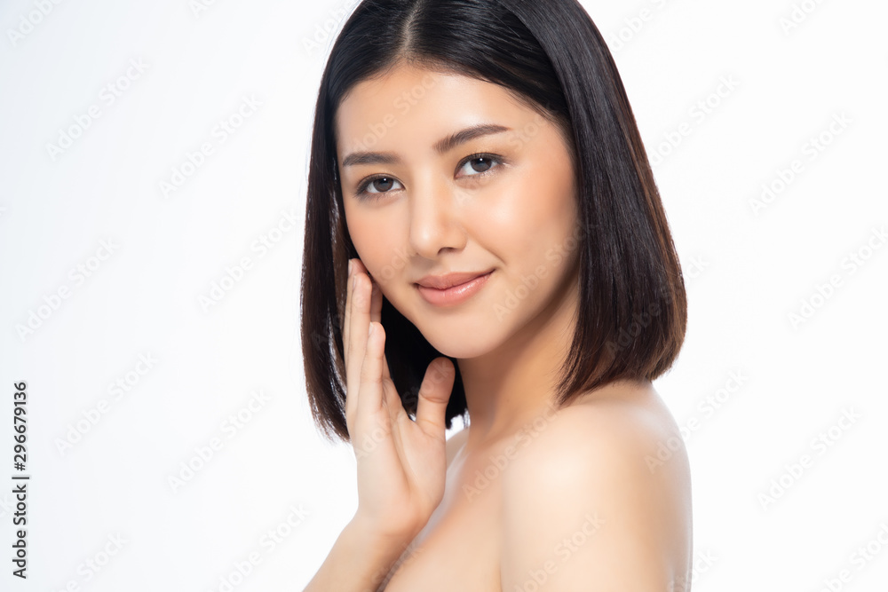 Beautiful Young Asian Woman short hair with Clean Fresh Skin. Face care, Facial treatment, Cosmetology, beauty and healthy skin and cosmetic ideas concept. Beautiful Young Asian Woman short hair with Clean Fresh Skin. Face care, Facial treatment, Cosmetology, beauty and healthy skin and cosmetic ideas concept.