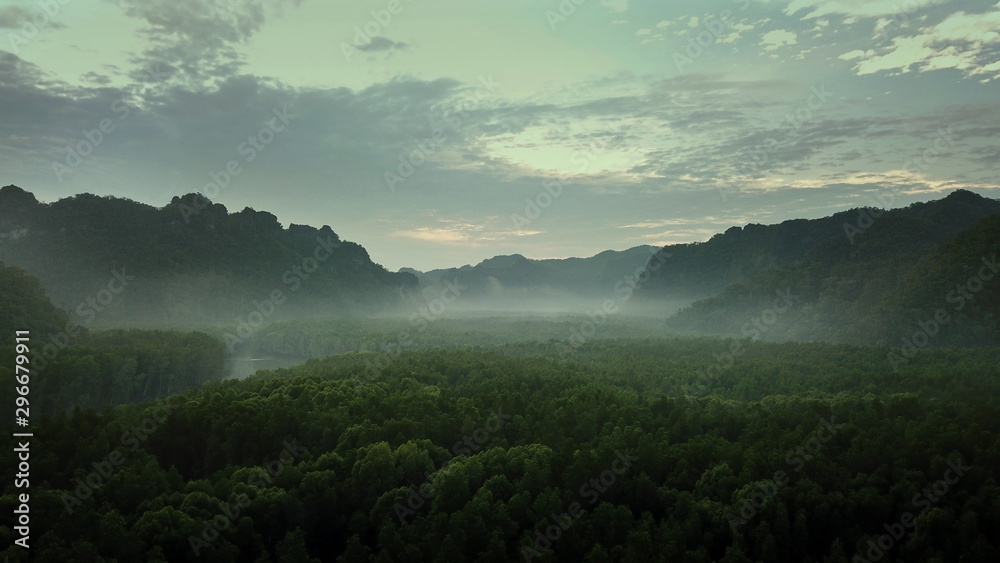 Sunrise in the rainforest. langkawi forest ,drone view