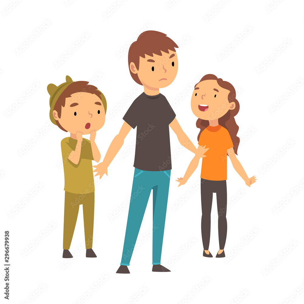 Three children express different emotions cartoon vector illustration