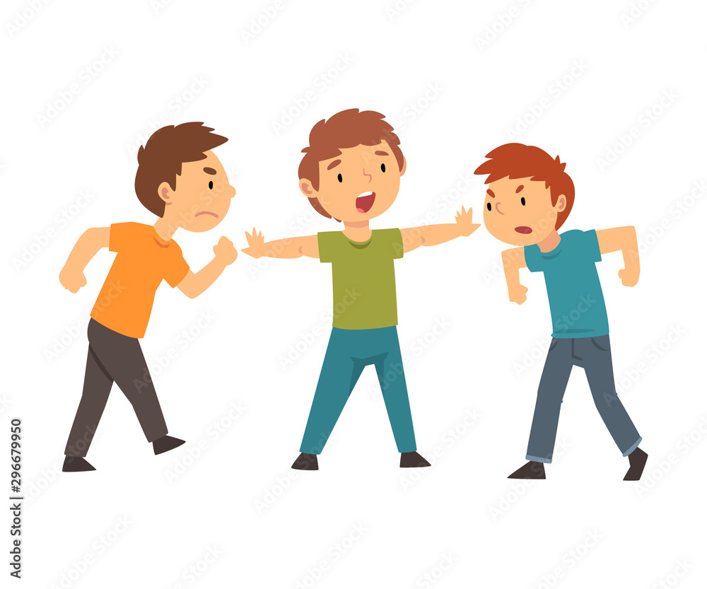 Child does not allow two of his friends to fight cartoon vector illustration