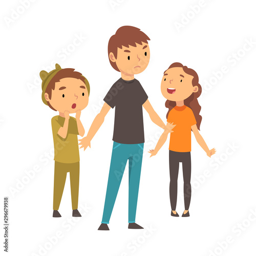 Three children express different emotions cartoon vector illustration