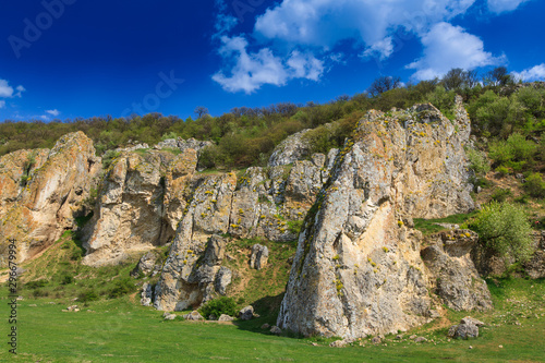 Summer mountain scenery, with granite peaks and glacier valley geologic formations