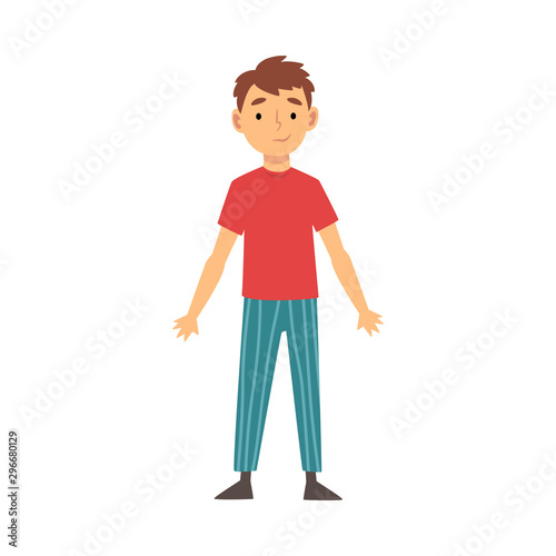 Boy stands in striped pants cartoon vector illustration