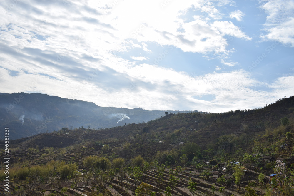 Naklejka premium Beautiful hill and rural village landscaping and beauty of nature east nepal