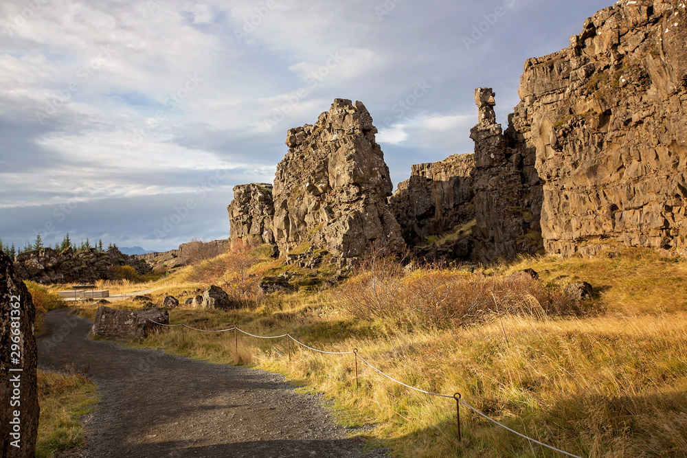Scenic landscape view of Thingvellir National Park rift valley, Iceland