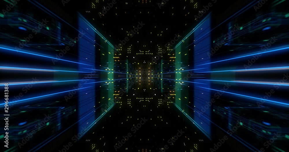 Seamless Loop Abtract Internet of Things motion background. Flying through virtual cyberspace with neon lines and dots elements. Communication network. 3D render