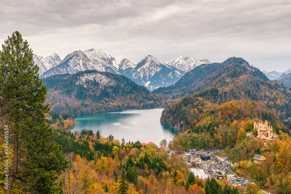 View of Alpsee lake and Hohenschwangau castle from Neuschwanstein castle.Bavaria.Germany