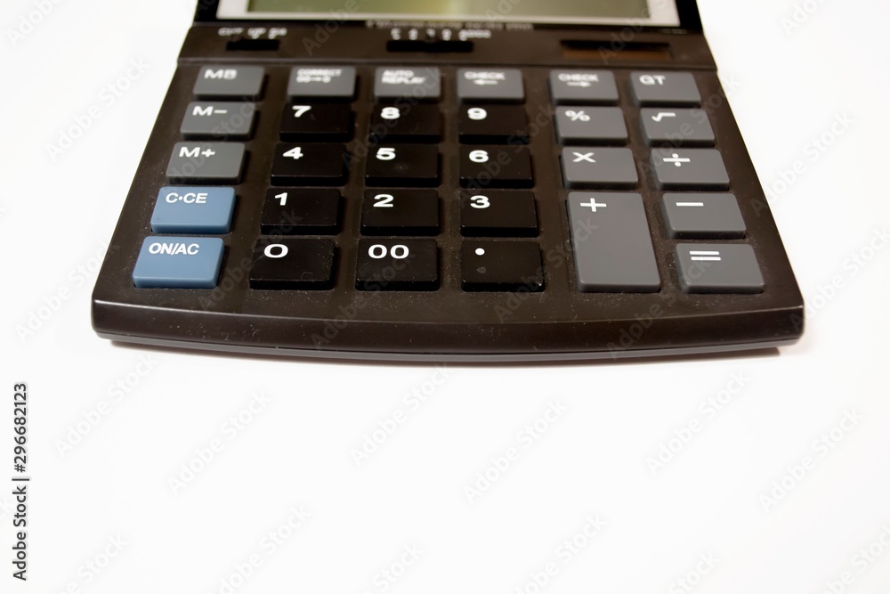 Black digital calculator on the perspective view white background Black digital calculator on the perspective view white background