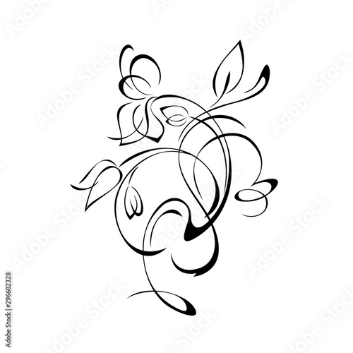 decorative element in the form of a stylized twig with flowers, leaflets and curls in black lines on a white background