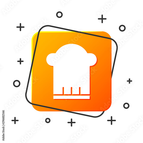 White Chef hat icon isolated on white background. Cooking symbol. Cooks hat. Orange square button. Vector Illustration