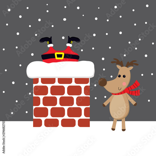 Cute santa and reindeer on smoked chimney, Cute Christmas Character, vector illustration