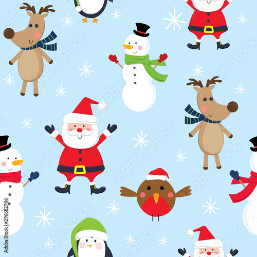 Seamless cute Christmas character, santa, snowman, reindeer, penguin, and robin design