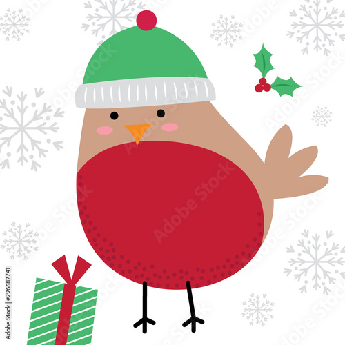 Cute Christmas character with cute robin design on white background