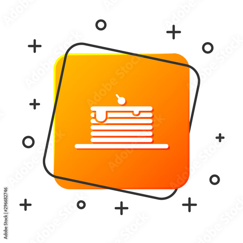 White Stack of pancakes icon isolated on white background. Baking with syrup and cherry. Breakfast concept. Orange square button. Vector Illustration