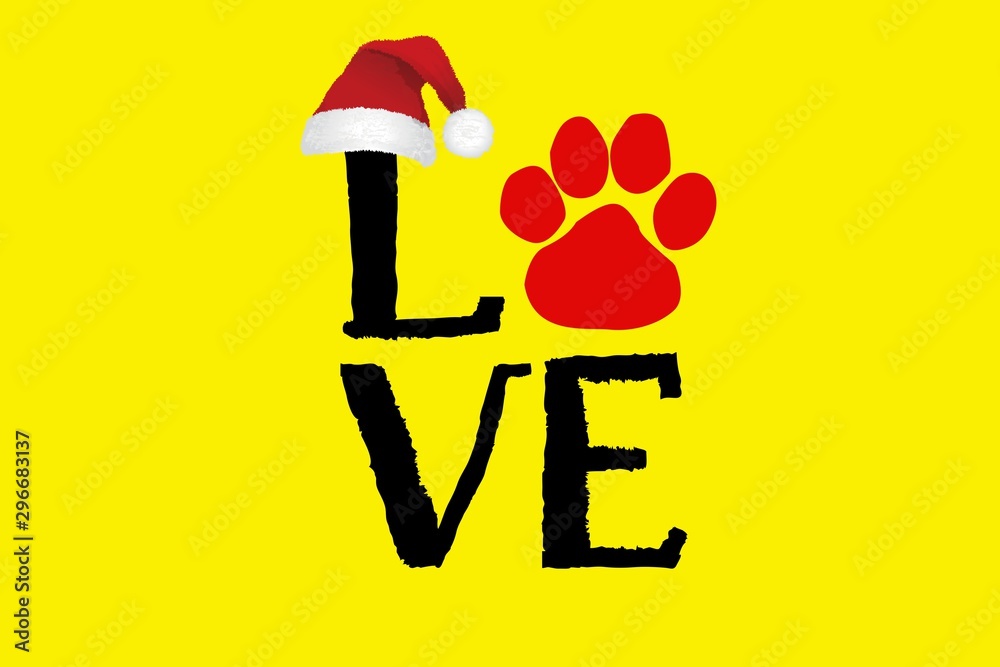 Love text with paw print.Happy new year and merry Christmas greeting card - illustration Love text with paw print.Happy new year and merry Christmas greeting card - illustration