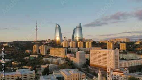 Famous Old City and Flame Towers in Baku, Azerbaijan from a Drone Point of View