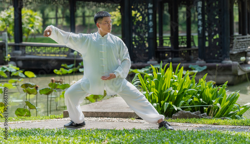 Photography Tai Chi Chuan Master hands posture workout in the park, Chinese Martial Arts workout