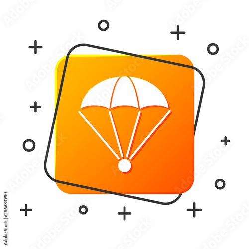 White Parachute icon isolated on white background. Orange square button. Vector Illustration