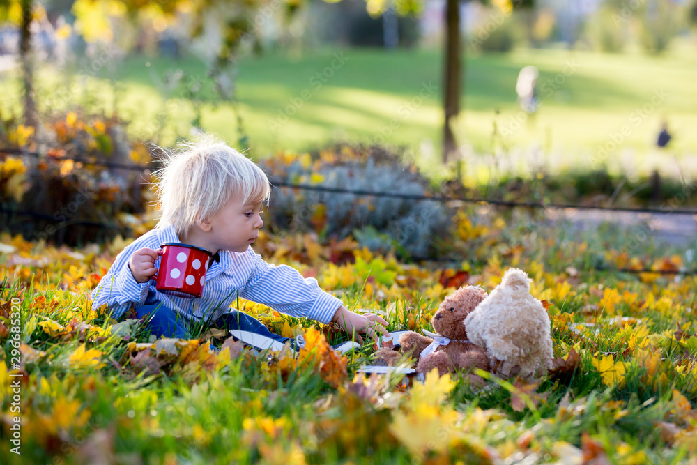 Beautiful toddler child, boy, drinking tea in the park with teddy bear friends Beautiful toddler child, boy, drinking tea in the park with teddy bear friends