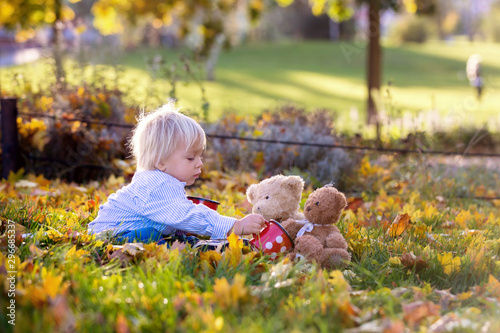 Beautiful toddler child, boy, drinking tea in the park with teddy bear friends
