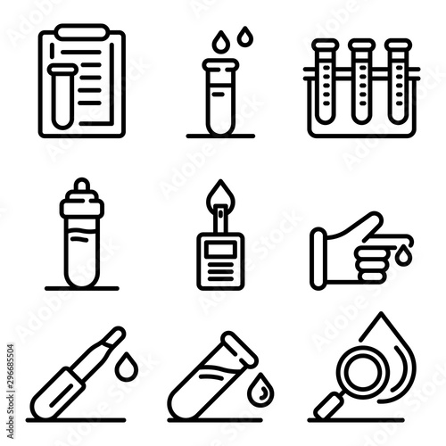 Blood test icons set. Outline set of blood test vector icons for web design isolated on white background