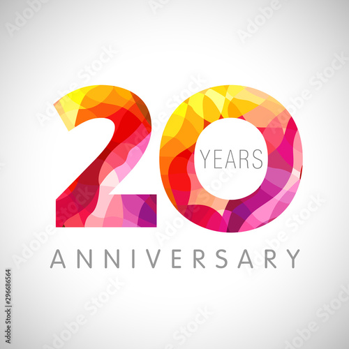 20 th anniversary numbers. 20 years old multicolored logotype. Age congrats, congratulation art idea. Isolated abstract graphic design template. Coloured 2, 0 digits. Up to 20% percent off discount.