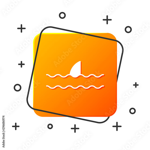 White Shark fin in ocean wave icon isolated on white background. Orange square button. Vector Illustration