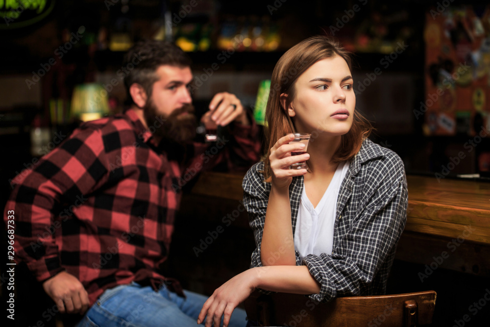 Female male alcoholism. Woman and man alcoholism. Woman alcoholic beverage in bar. Young woman has problems with alcohol. Alcoholism, alcohol addiction, male alcoholic. Young man drinking alcoho