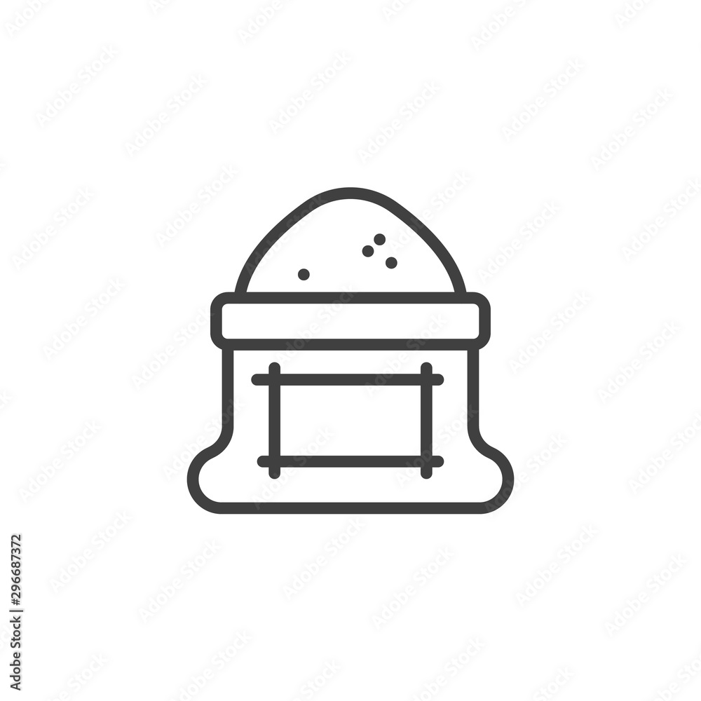 Bag of flour line icon. linear style sign for mobile concept and web design. Open flour bag outline vector icon. Symbol, logo illustration. Vector graphics Bag of flour line icon. linear style sign for mobile concept and web design. Open flour bag outline vector icon. Symbol, logo illustration. Vector graphics