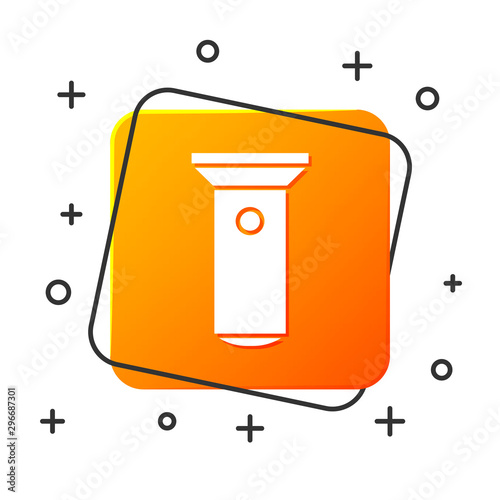 White Flashlight icon isolated on white background. Orange square button. Vector Illustration